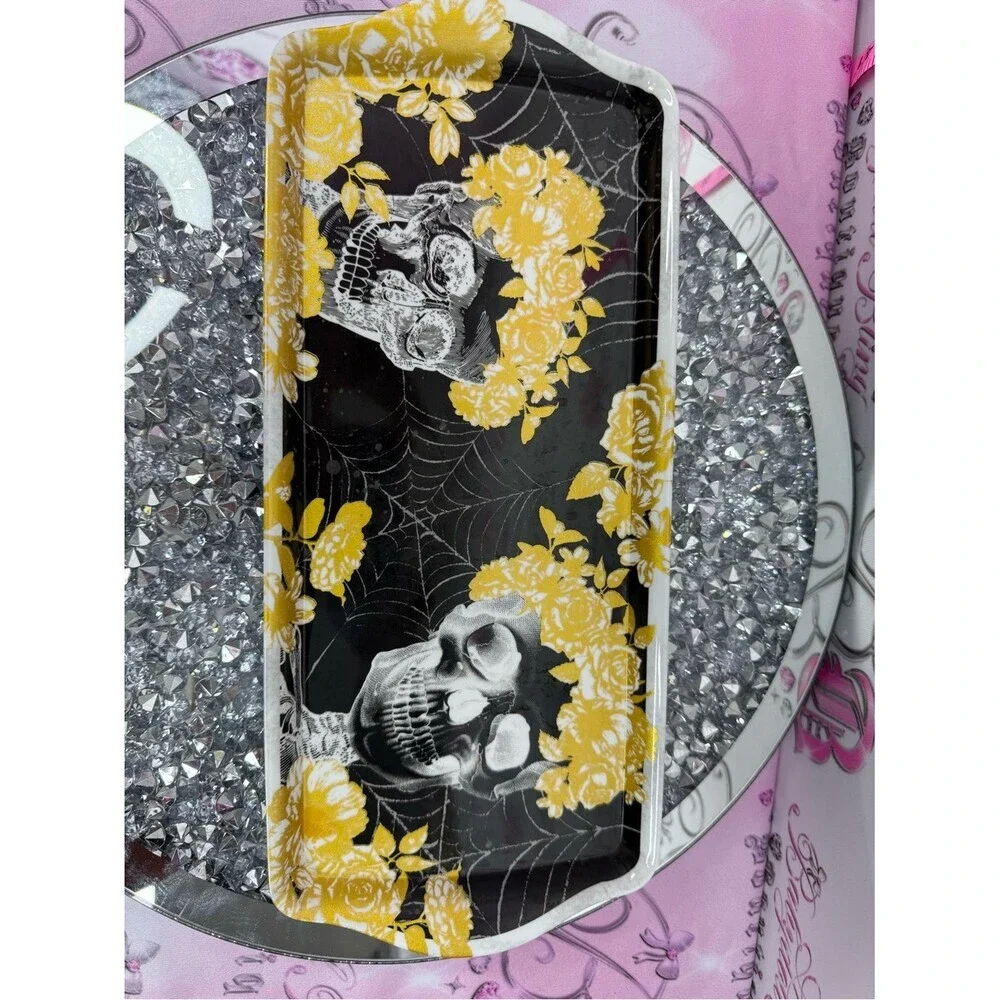 Plate serving tray skulls sugar Skull Floral Clutch in Black and Yellow